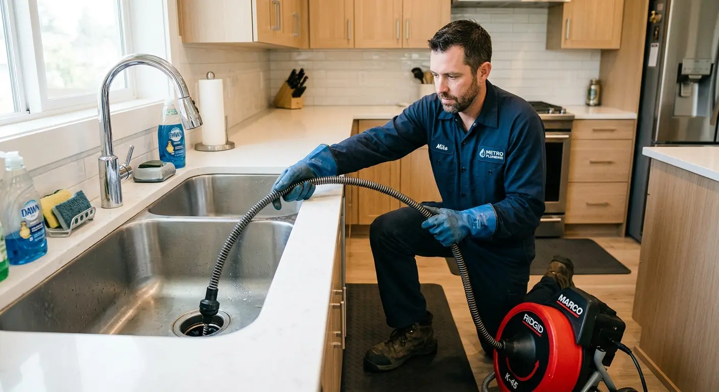 Drain cleaning technician using a motorized snake on a kitchen sink in Cibolo