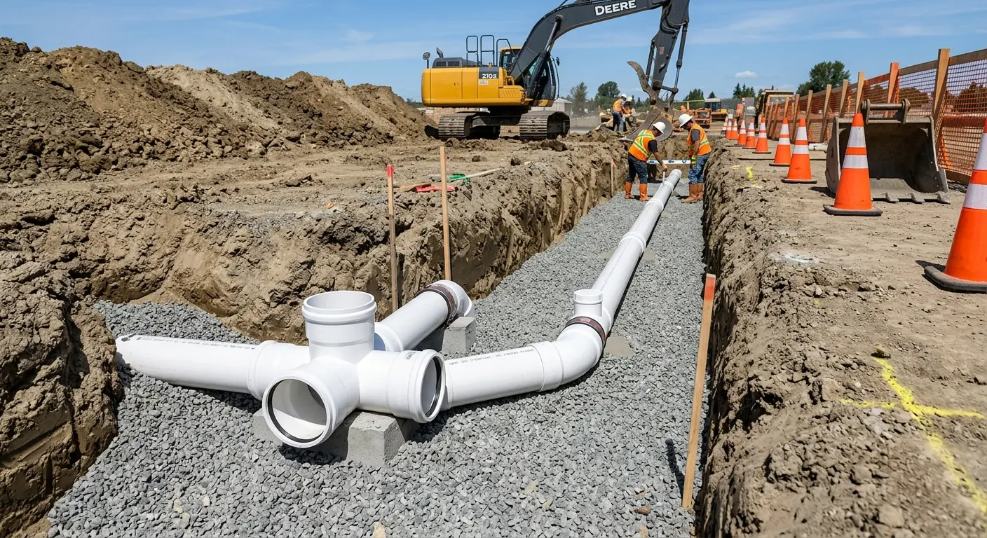 New PVC sewer pipe installation in open trench for Sewer Backup in Cibolo