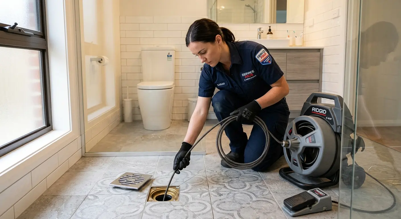 Technician clearing a bathroom floor drain for Drain Cleaning in Cibolo